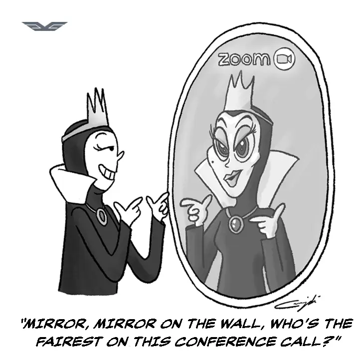 Comic: the Evil Queen consults her mirror — now a Zoom call with herself.