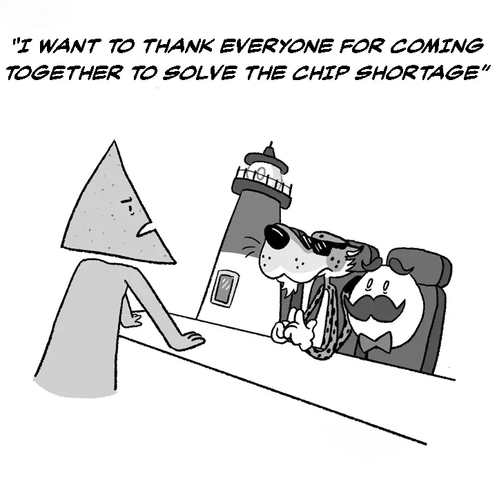 Comic: a tortilla chip thanks a cool wolf and a mustachioed gentleman for coming together to solve the chip shortage.