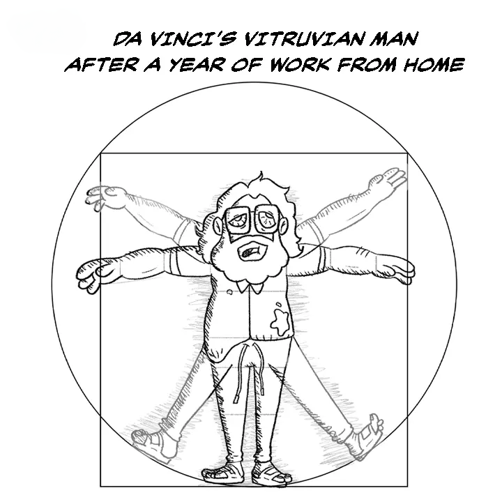 Comic: Da Vinci's Vitruvian Man after a year of work from home.